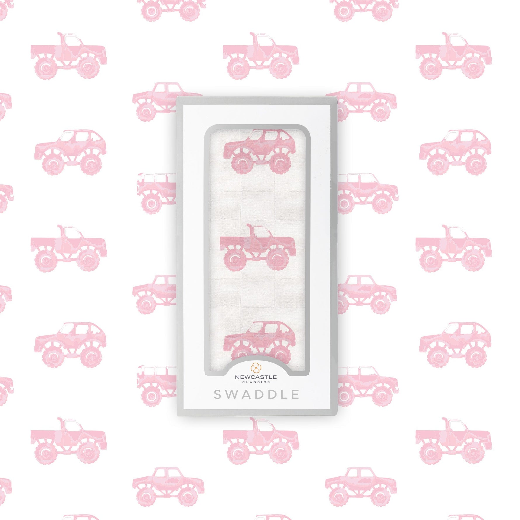 Organic Pink Monster Trucks Bamboo Muslin Swaddle by Newcastle Classics at Everetts Place