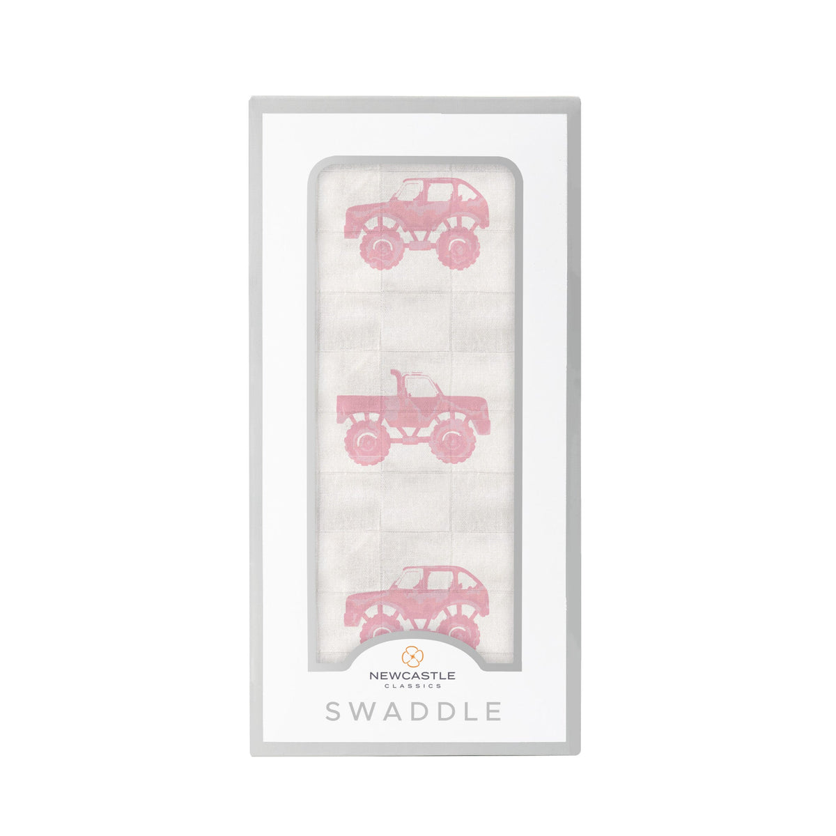 Pink Monster Trucks Bamboo Muslin Swaddle - Label, Rug, Picture frame | Everetts Place