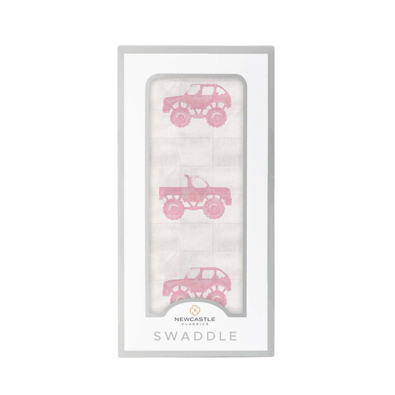Pink Monster Trucks Bamboo Muslin Swaddle in packaging