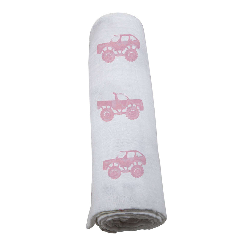 Pink Monster Trucks bamboo muslin swaddle, 100% natural, soft and breathable.