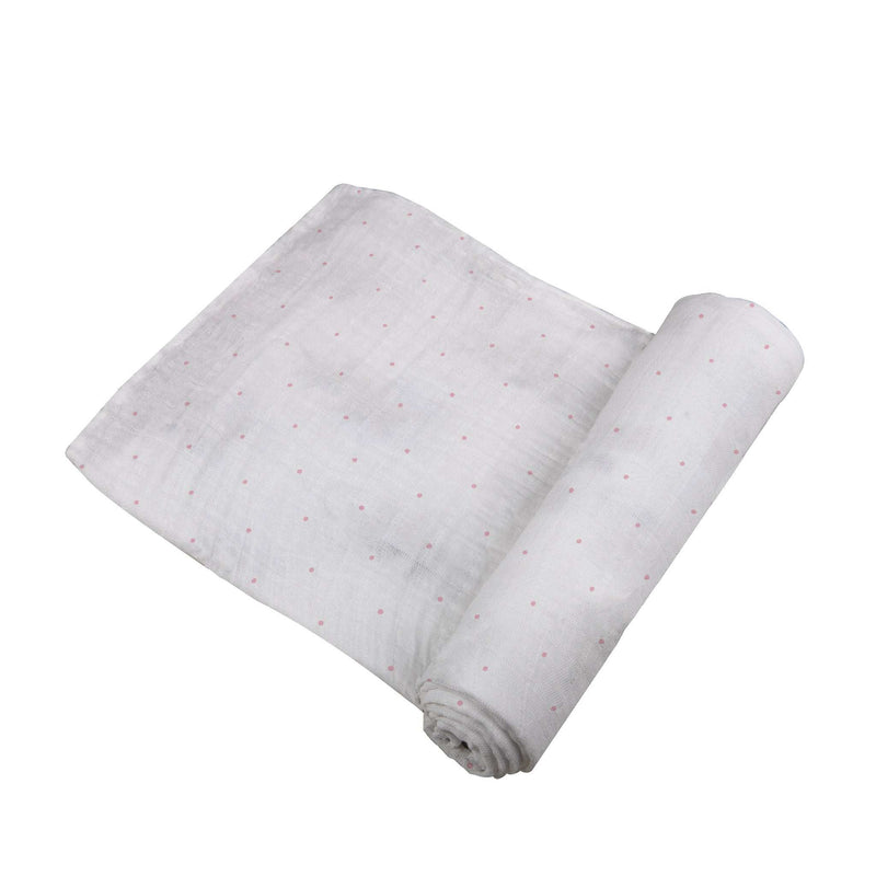 Pink Polka Dot Bamboo Muslin Swaddle, soft and breathable, 47" x 47", 100% natural bamboo.