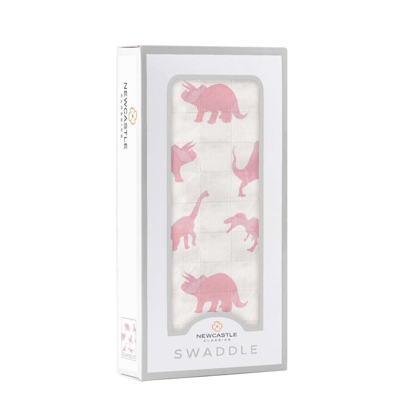 Pink dinosaurs bamboo muslin swaddle in packaging, 100% natural bamboo, 47"x47".