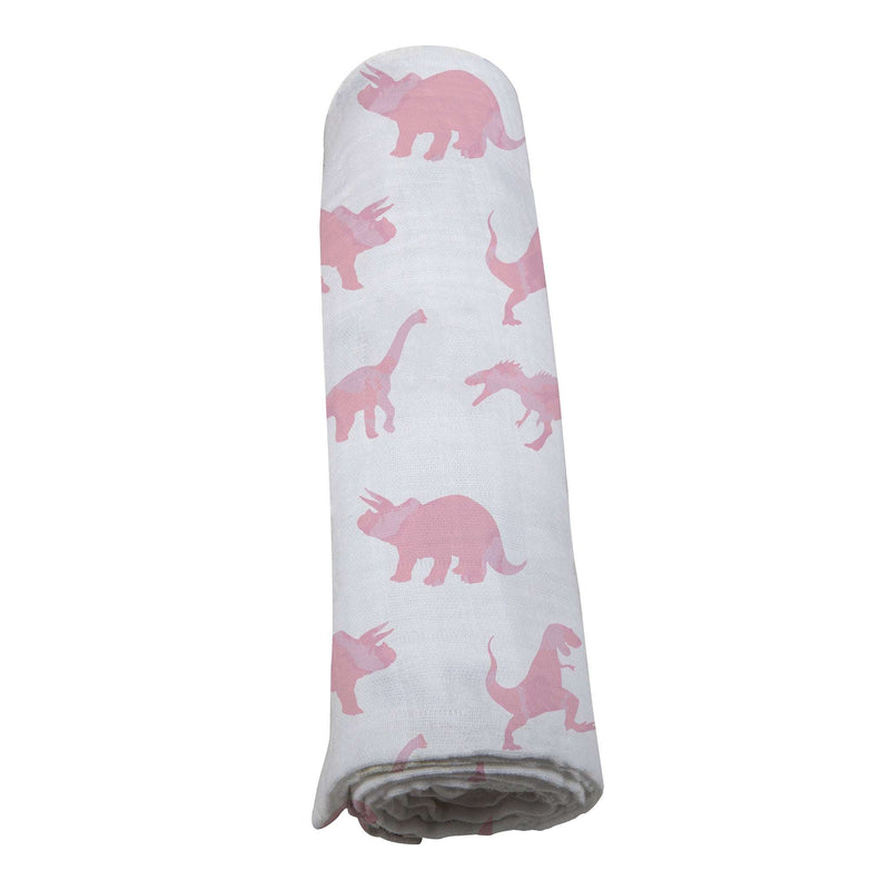 Pink dinosaurs bamboo muslin swaddle rolled up.