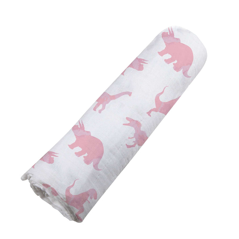 Pink dinosaur print bamboo muslin swaddle, soft and breathable, 47"x47".