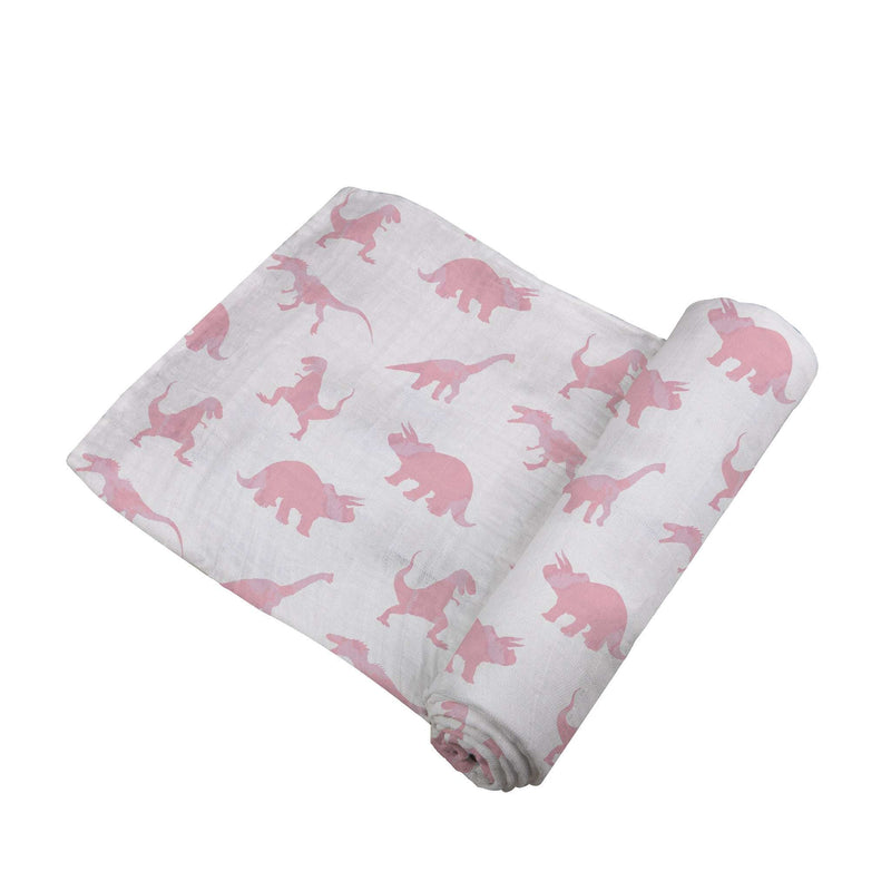 Pink dinosaur bamboo muslin swaddle blanket, soft and breathable, 47" x 47".
