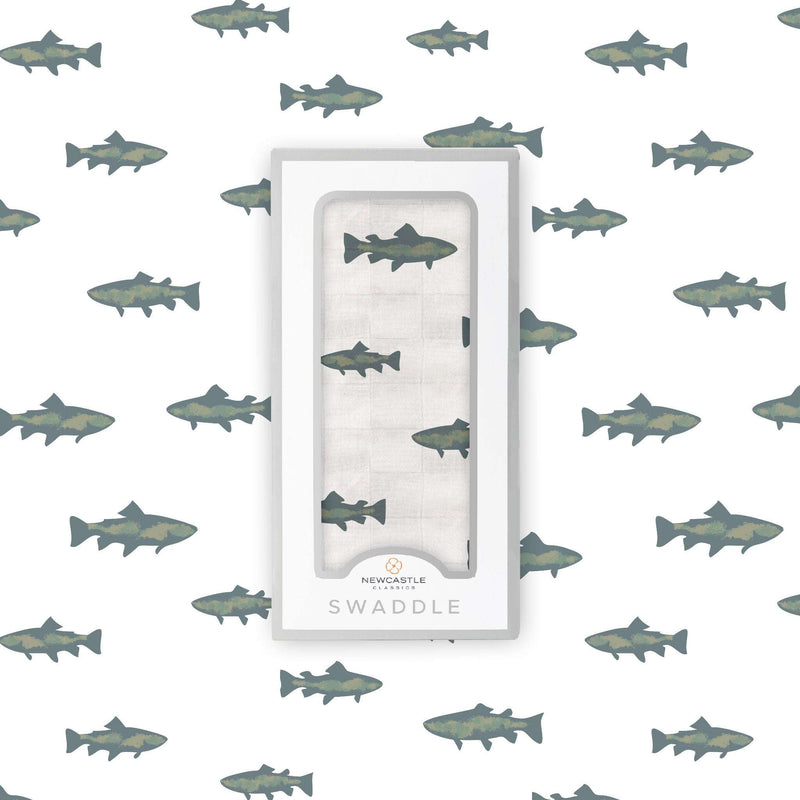 Gone Fishing Swaddle made from breathable natural bamboo muslin, perfect for multifunctional use.