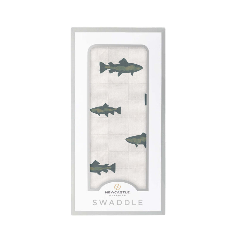Soft, breathable Gone Fishing Swaddle made from natural bamboo muslin, featuring fish design.