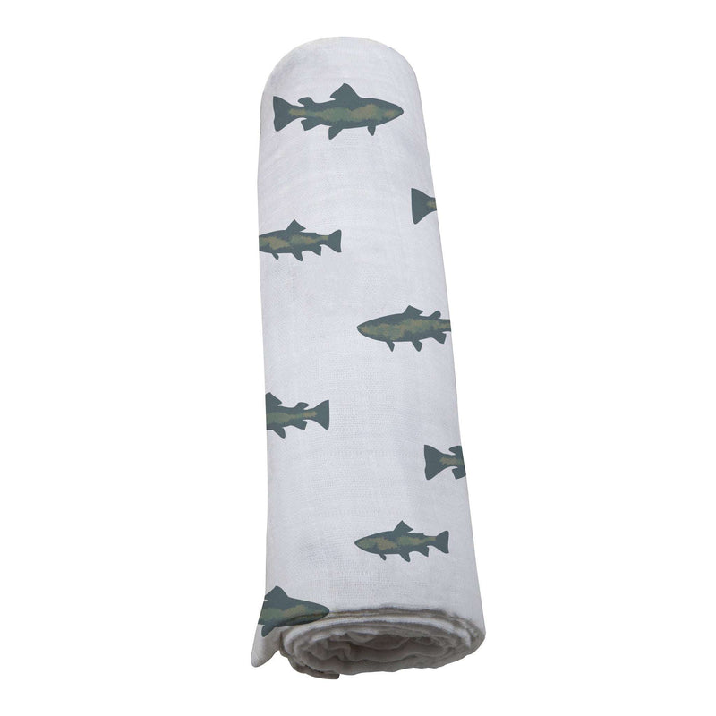Gone Fishing Swaddle made from natural bamboo muslin with fish design.