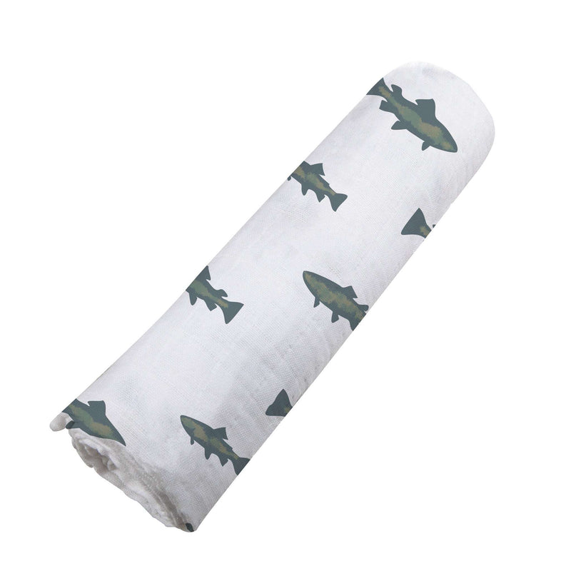 Gone Fishing Swaddle made from 100% natural bamboo muslin with fish pattern.
