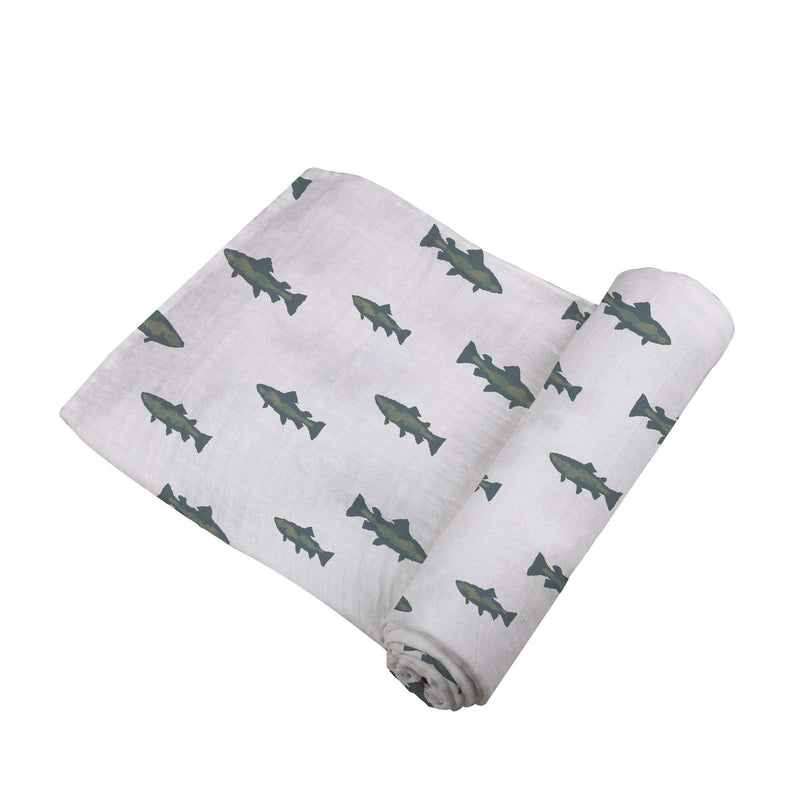 Gone Fishing Swaddle made from natural bamboo muslin with fish pattern.