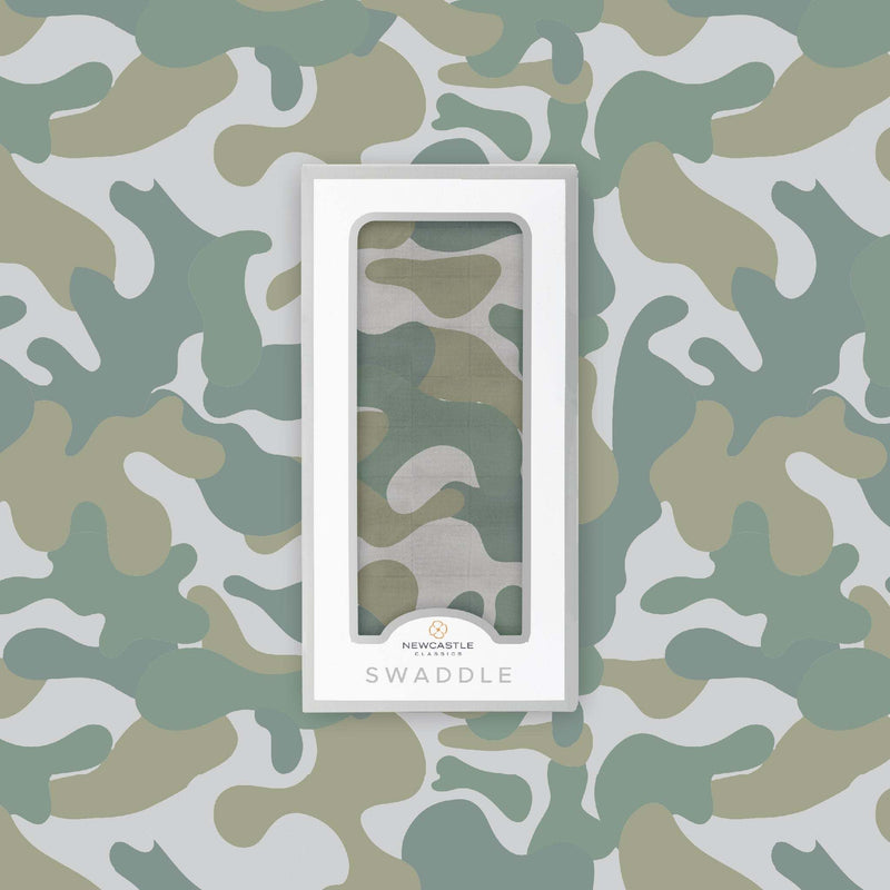 Hunter's Camo Swaddle in camouflage print, natural bamboo muslin, 47x47 inches, soft breathable fabric in packaging.