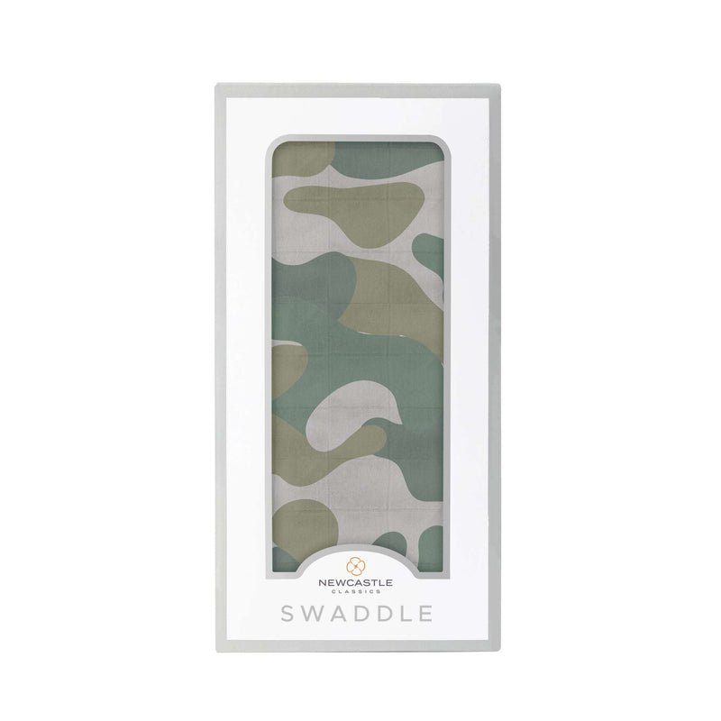Hunter's Camo Swaddle in package, made from soft, breathable, natural bamboo muslin.