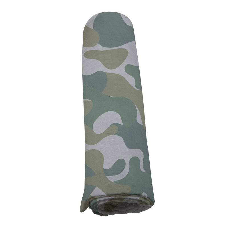 Hunter's Camo Swaddle in natural bamboo muslin, rolled and ready for versatile use.