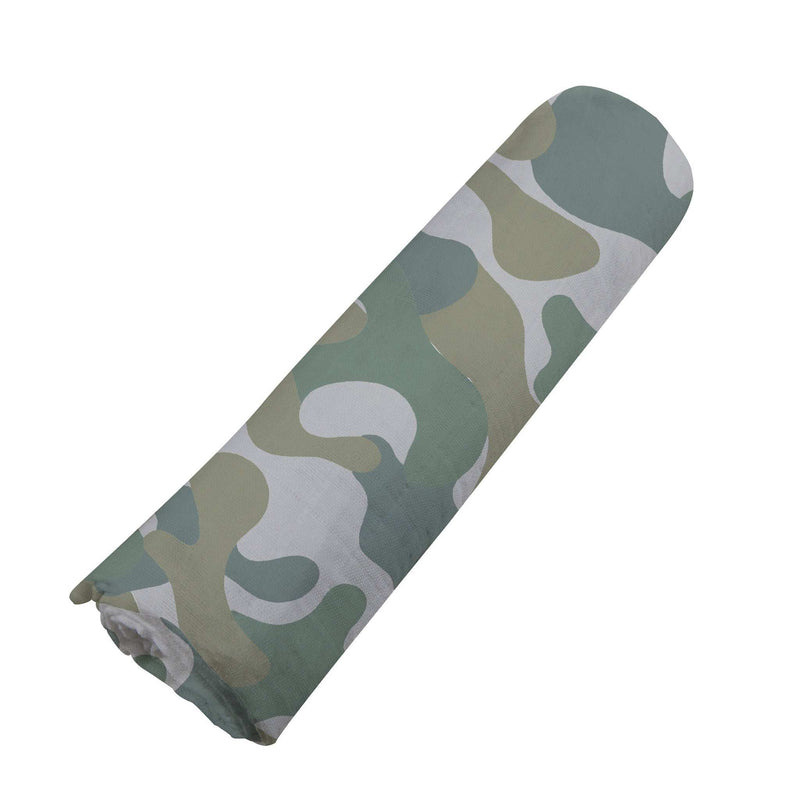 Hunter's Camo Swaddle made from natural bamboo muslin in a camouflage pattern, rolled for display.