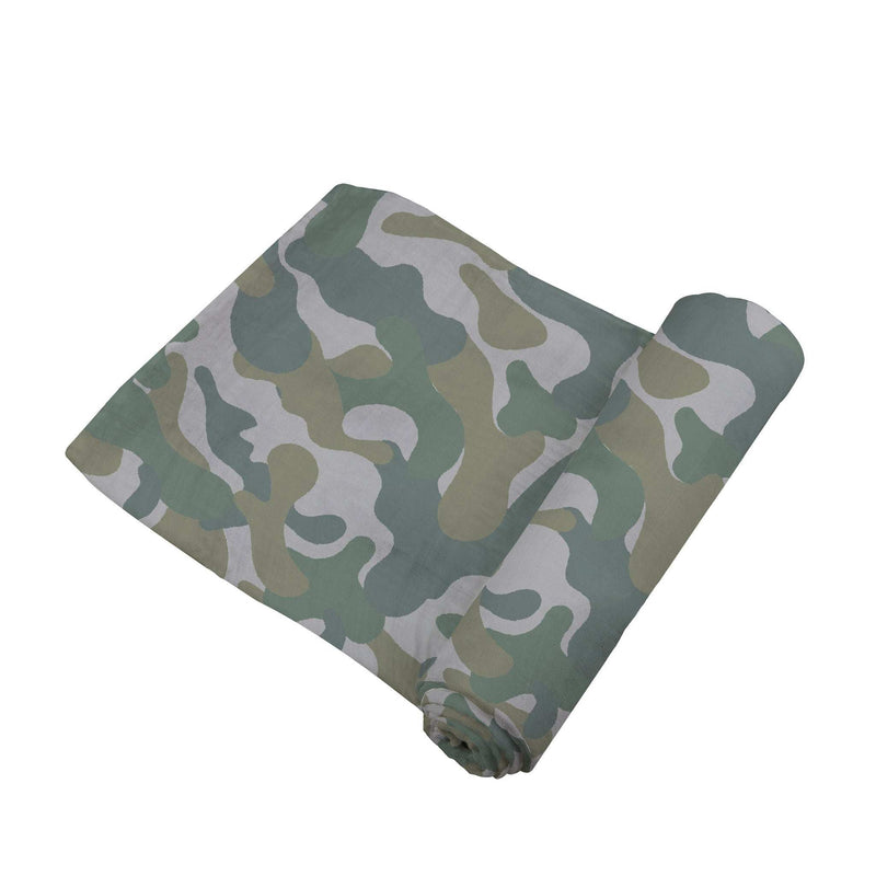Hunter's Camo Swaddle in bamboo muslin with green camouflage pattern.