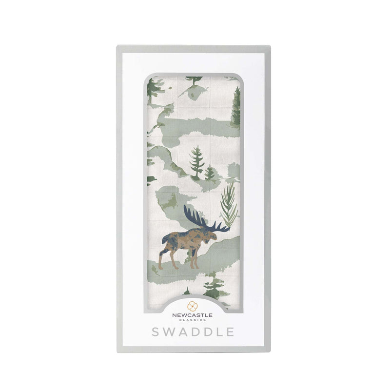 Mountain Moose Swaddle with natural bamboo muslin and moose design in packaging.