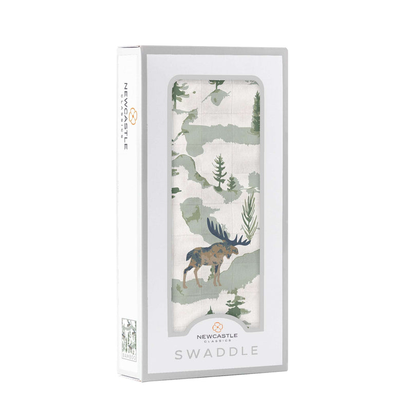 Mountain Moose Swaddle, bamboo muslin, breathable, 47" x 47".