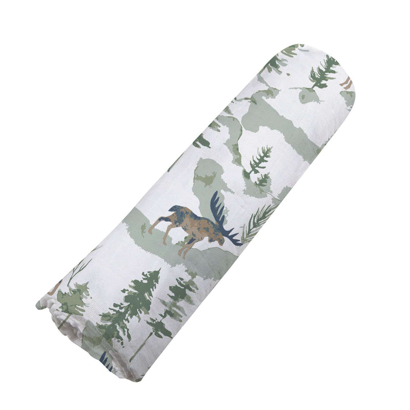 Mountain Moose Swaddle made from 100% natural bamboo muslin with forest design.