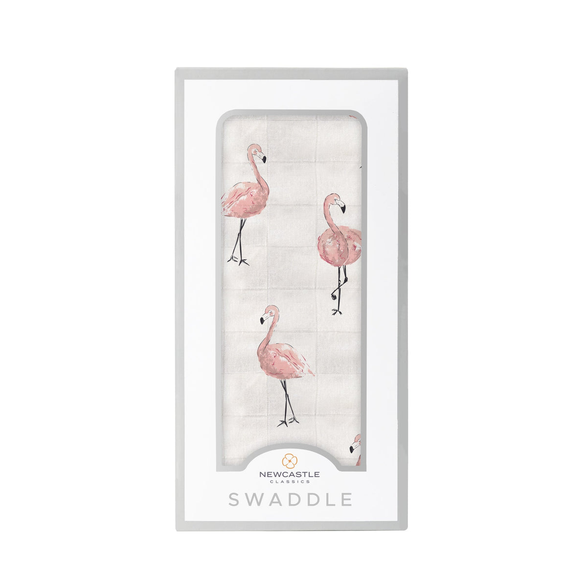 Bamboo muslin baby swaddle blanket with a pink dancing flamingo pattern