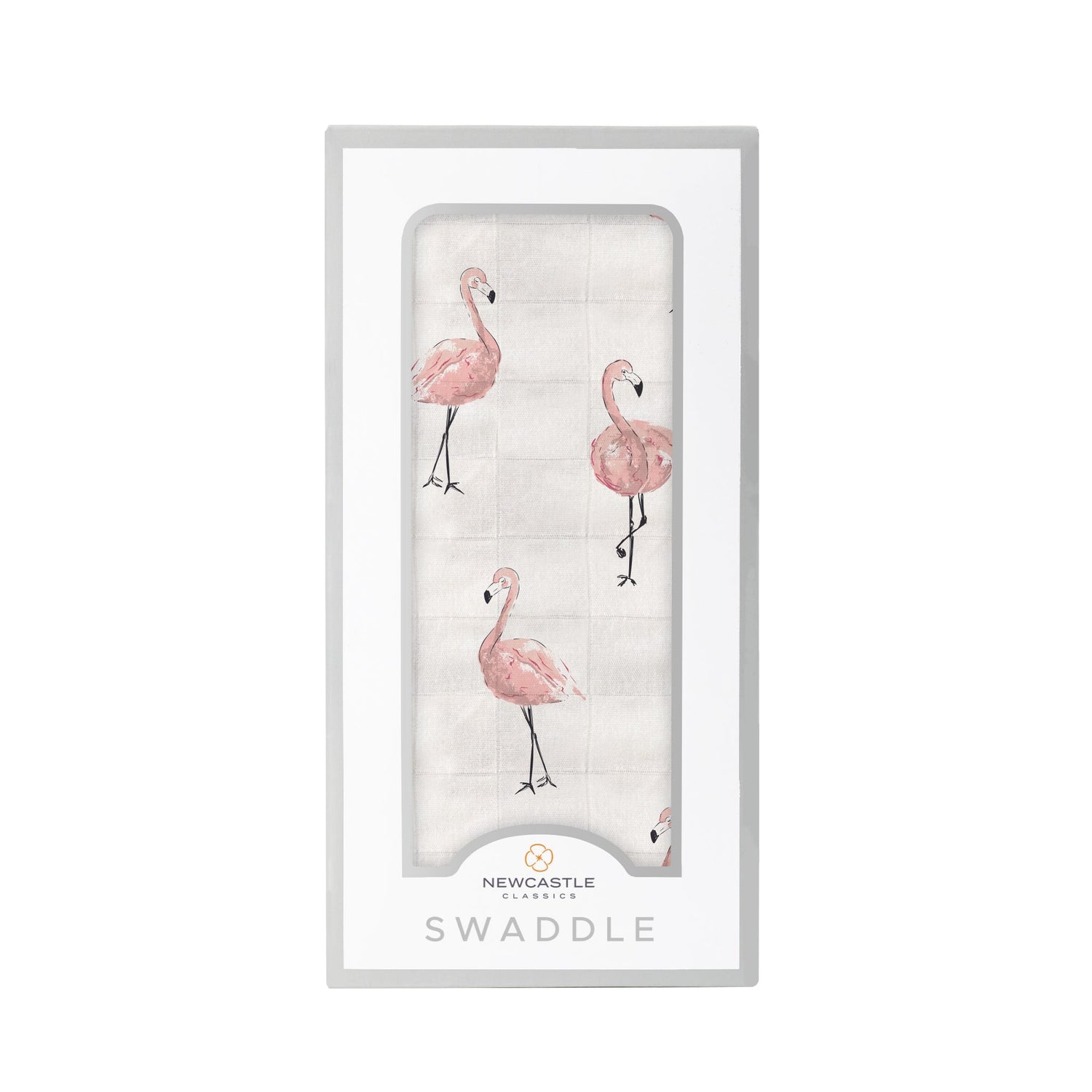 Bamboo muslin baby swaddle blanket with a pink dancing flamingo pattern