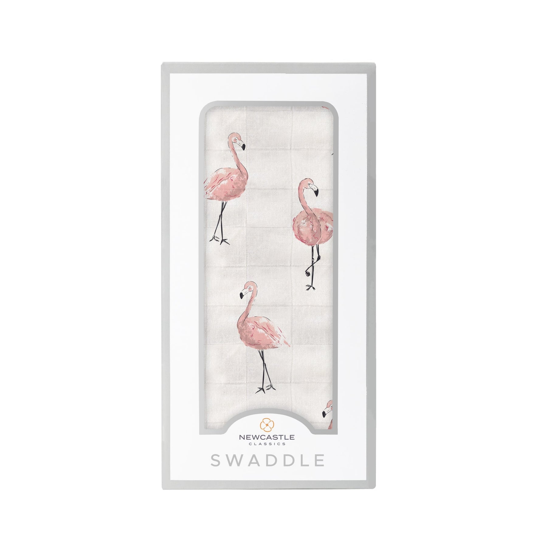 Bamboo muslin baby swaddle blanket with a pink dancing flamingo pattern