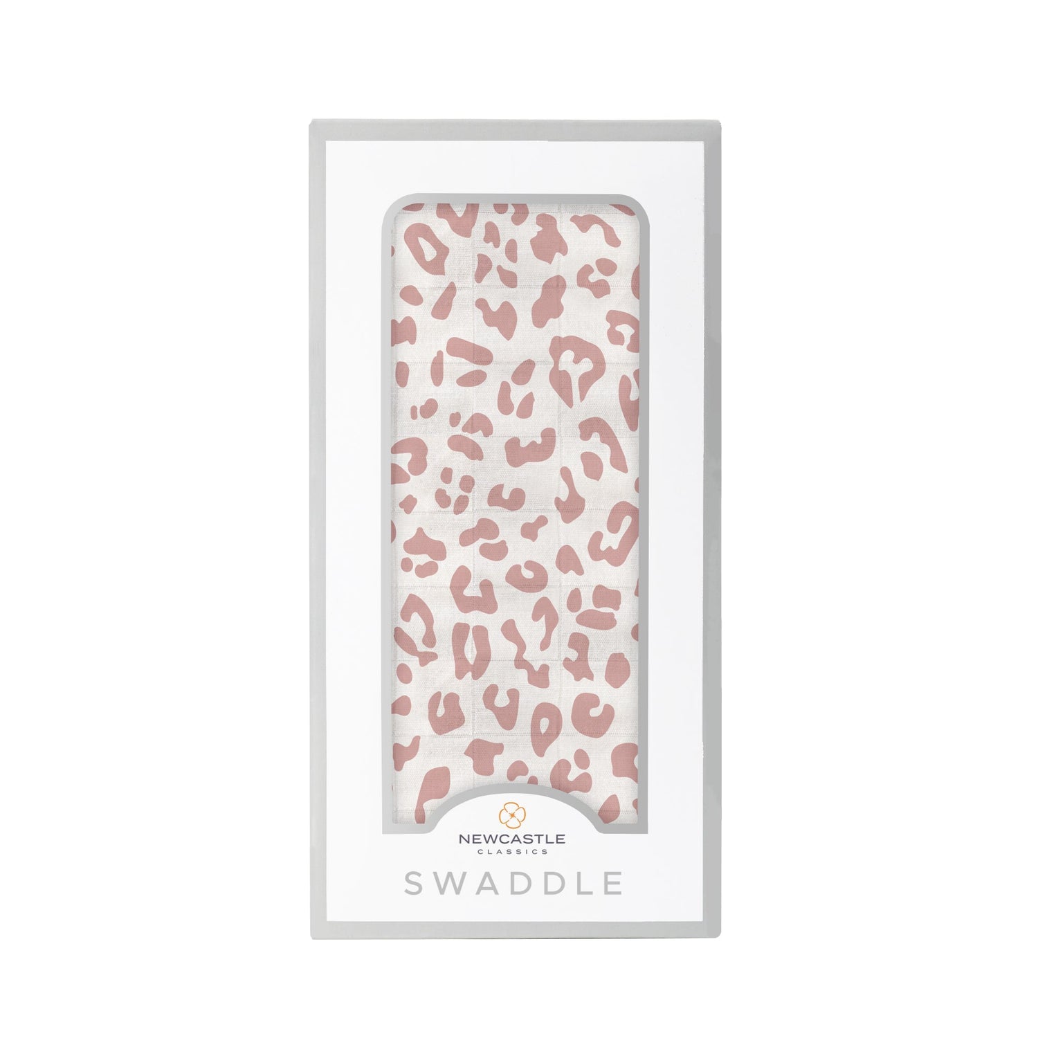 Bamboo muslin swaddle blanket with pink leopard spot print, spread flat
