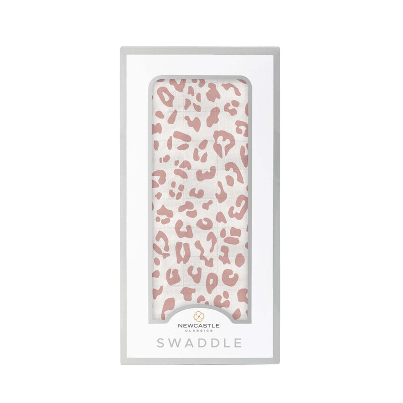 Little Leopard Swaddle in packaging, made from 100% natural bamboo muslin, 47" x 47".