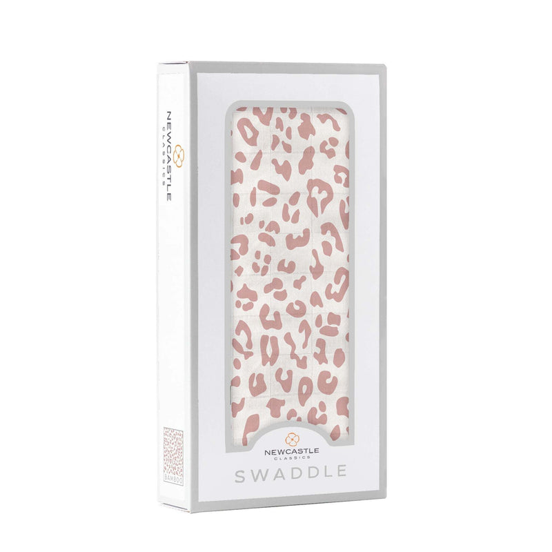Little Leopard Swaddle in packaging, made from 100% natural bamboo muslin, 47" x 47".