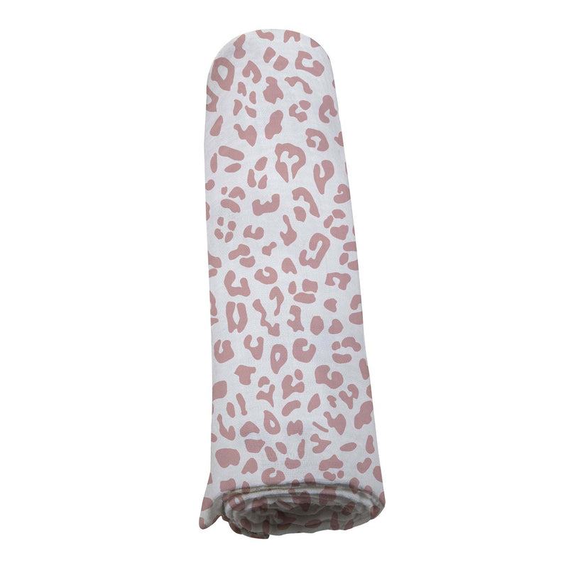 Leopard print muslin swaddle made from natural bamboo fibers, 47" x 47".