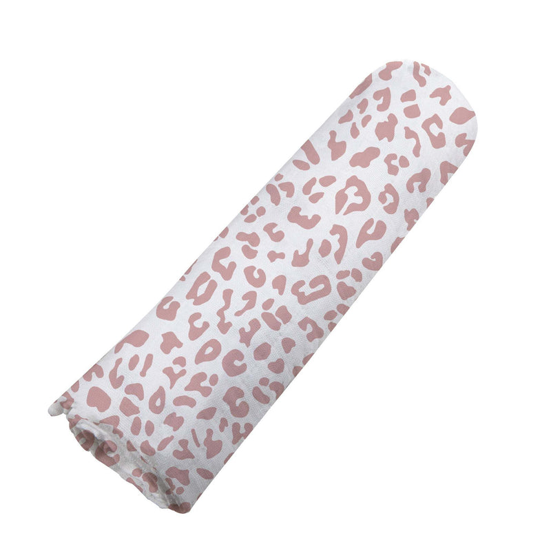 Little Leopard Swaddle in soft bamboo muslin with pink leopard print design.