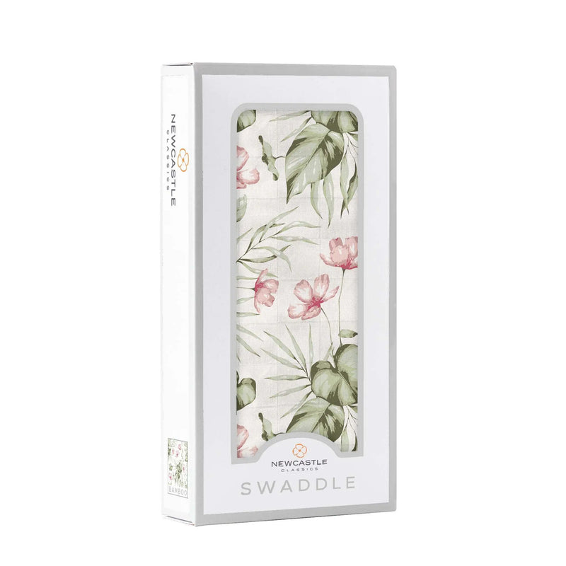 Silver Pink Orchid Swaddle in bamboo muslin, displayed in packaging.