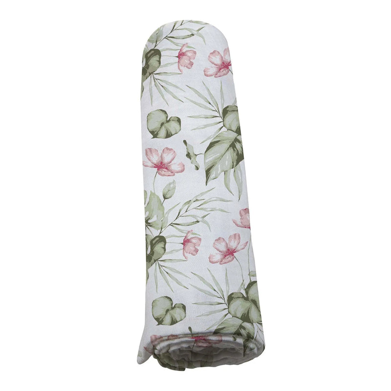 Silver Pink Orchid Swaddle made from natural bamboo muslin with floral design.