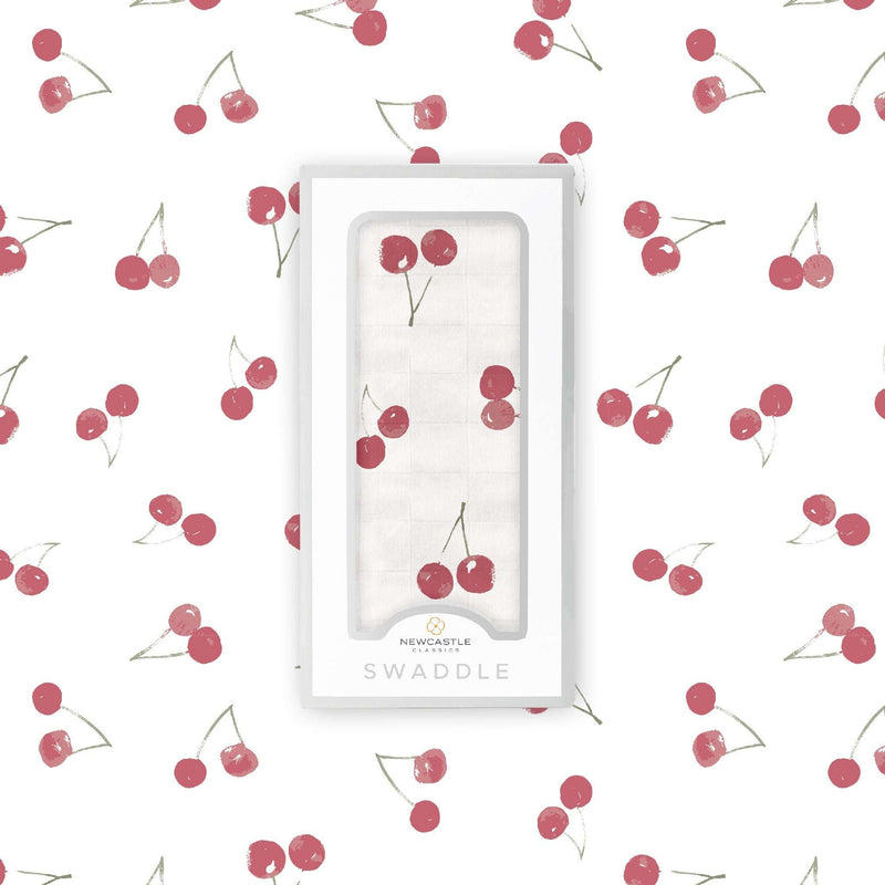 Sweetheart Cherry Bamboo Swaddle, 100% Natural Bamboo Muslin, 47"x47" size.