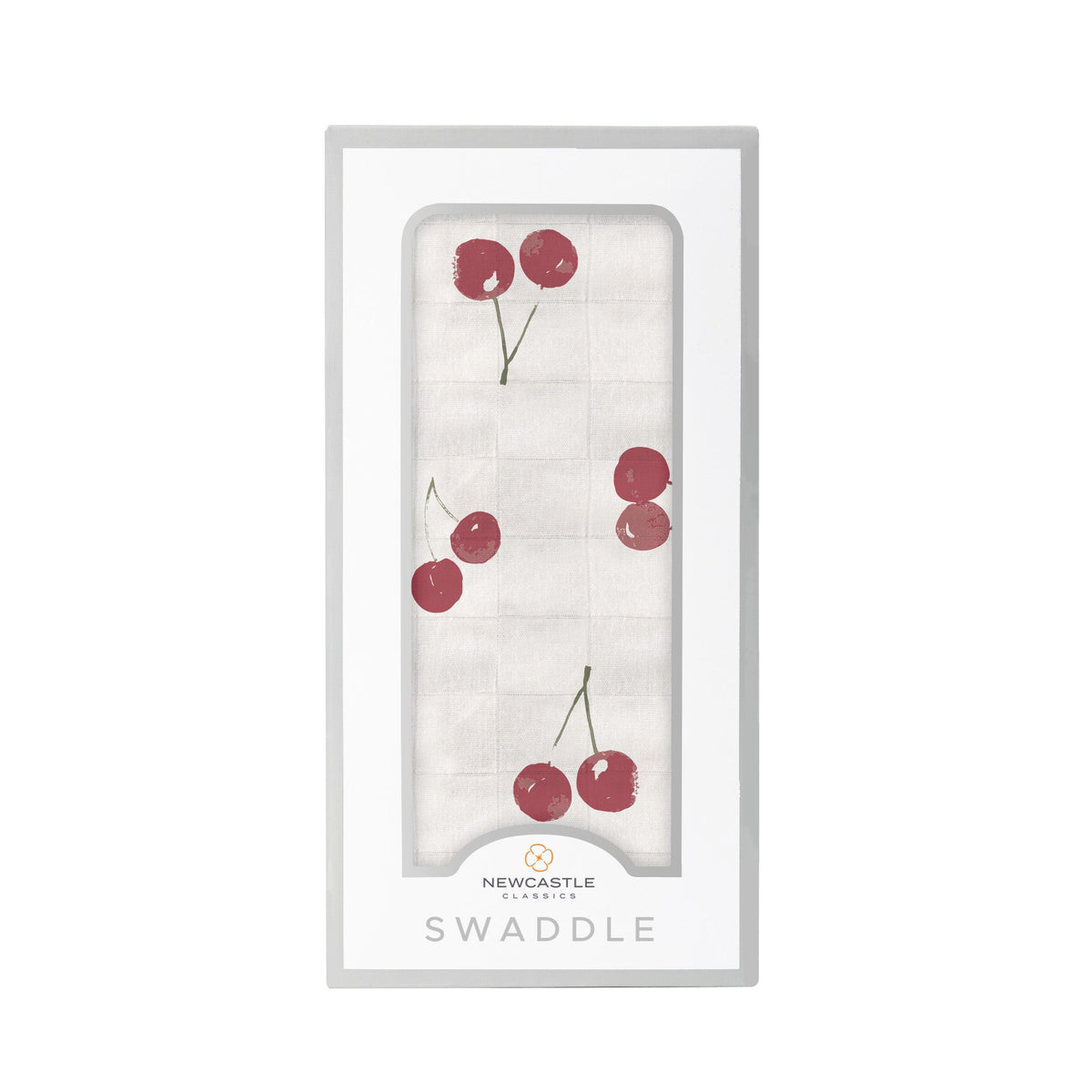 Bamboo muslin swaddle blanket with a red cherry print on a white background