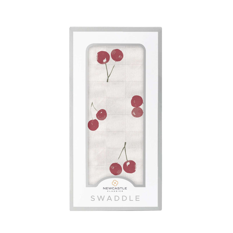 Sweetheart Cherry Bamboo Swaddle featuring cherry pattern, 100% natural bamboo muslin, 47" x 47".