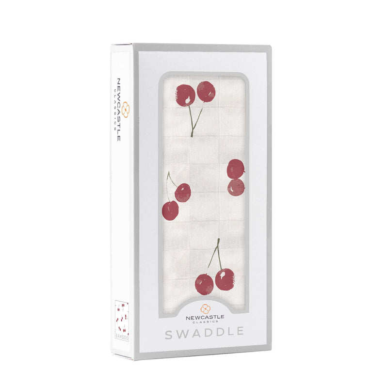 Sweetheart Cherry Bamboo Swaddle in packaging, 100% natural bamboo muslin, 47" x 47".