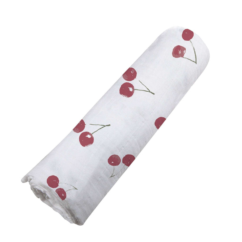 Sweetheart Cherry Bamboo Swaddle, soft natural bamboo muslin, cherry pattern, 47"x47".