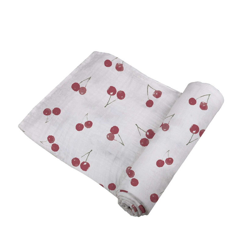 Sweetheart Cherry Bamboo Swaddle, breathable muslin blanket, 100% natural bamboo.