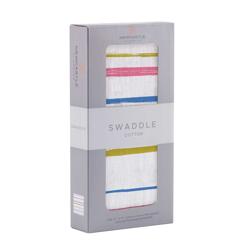Watercolor Stripe Cotton Muslin Swaddle in packaging.