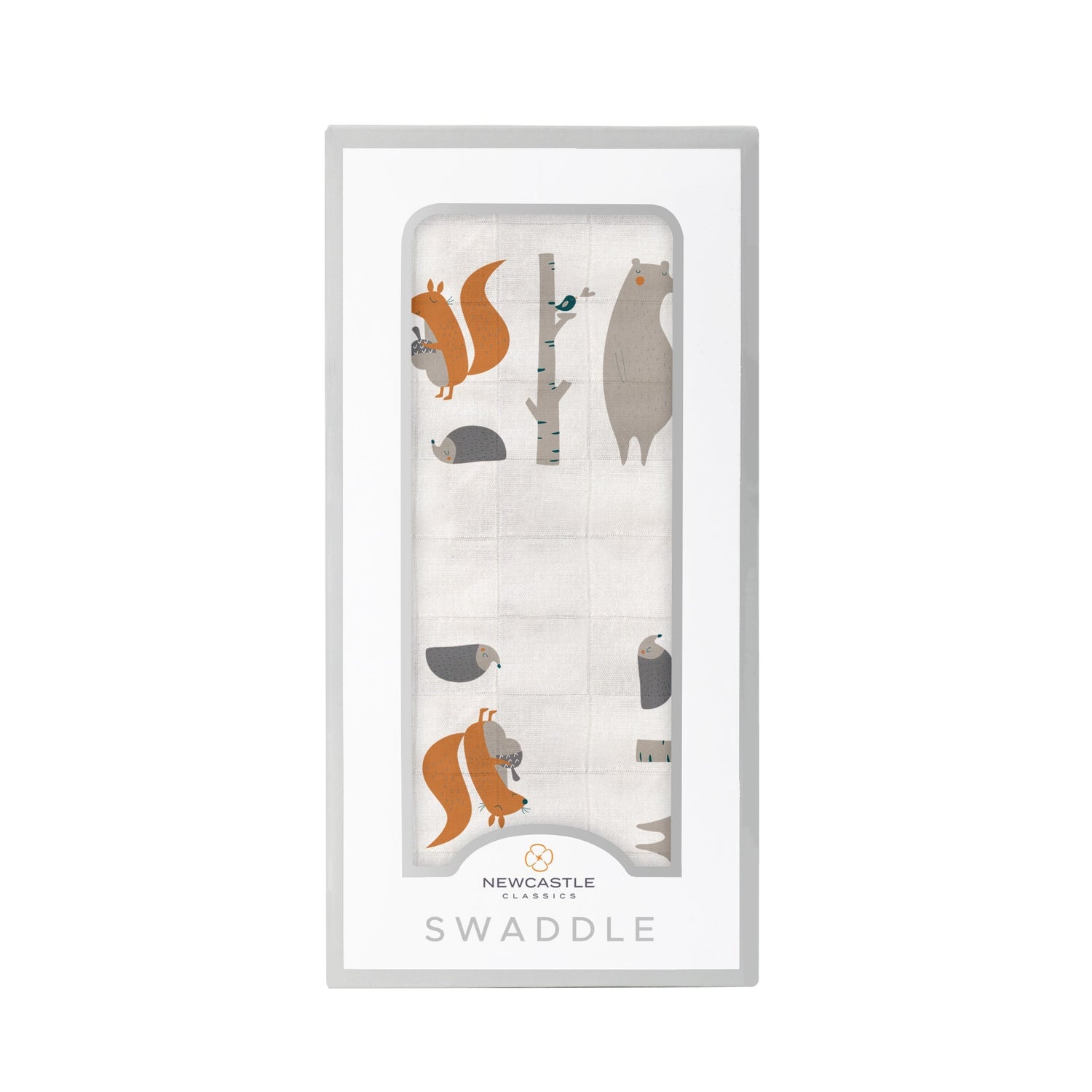 Cotton muslin swaddle blanket printed with foxes and forest friends in a repeating pattern