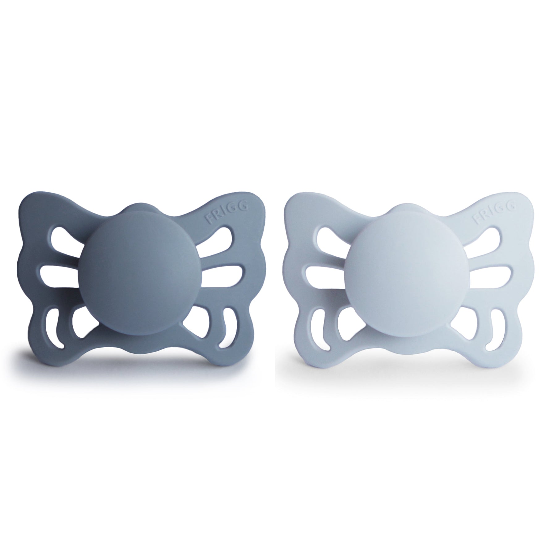 FRIGG Butterfly anatomical silicone pacifier 2-pack for 0-6 months.