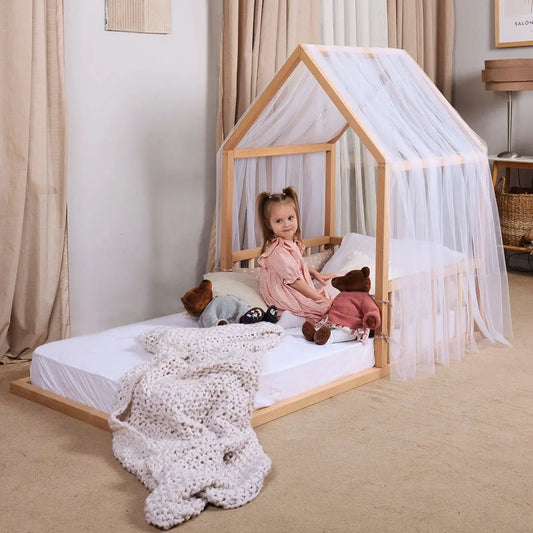 Small Wooden Montessori House Floor Bed with Fence and Roof Goodevas Everetts Place: Online Boutique