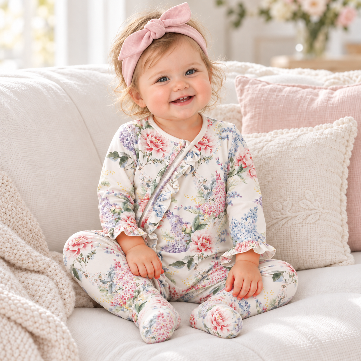 Bamboo Floral Baby Romper - Zipper Ruffle by Tesa Babe