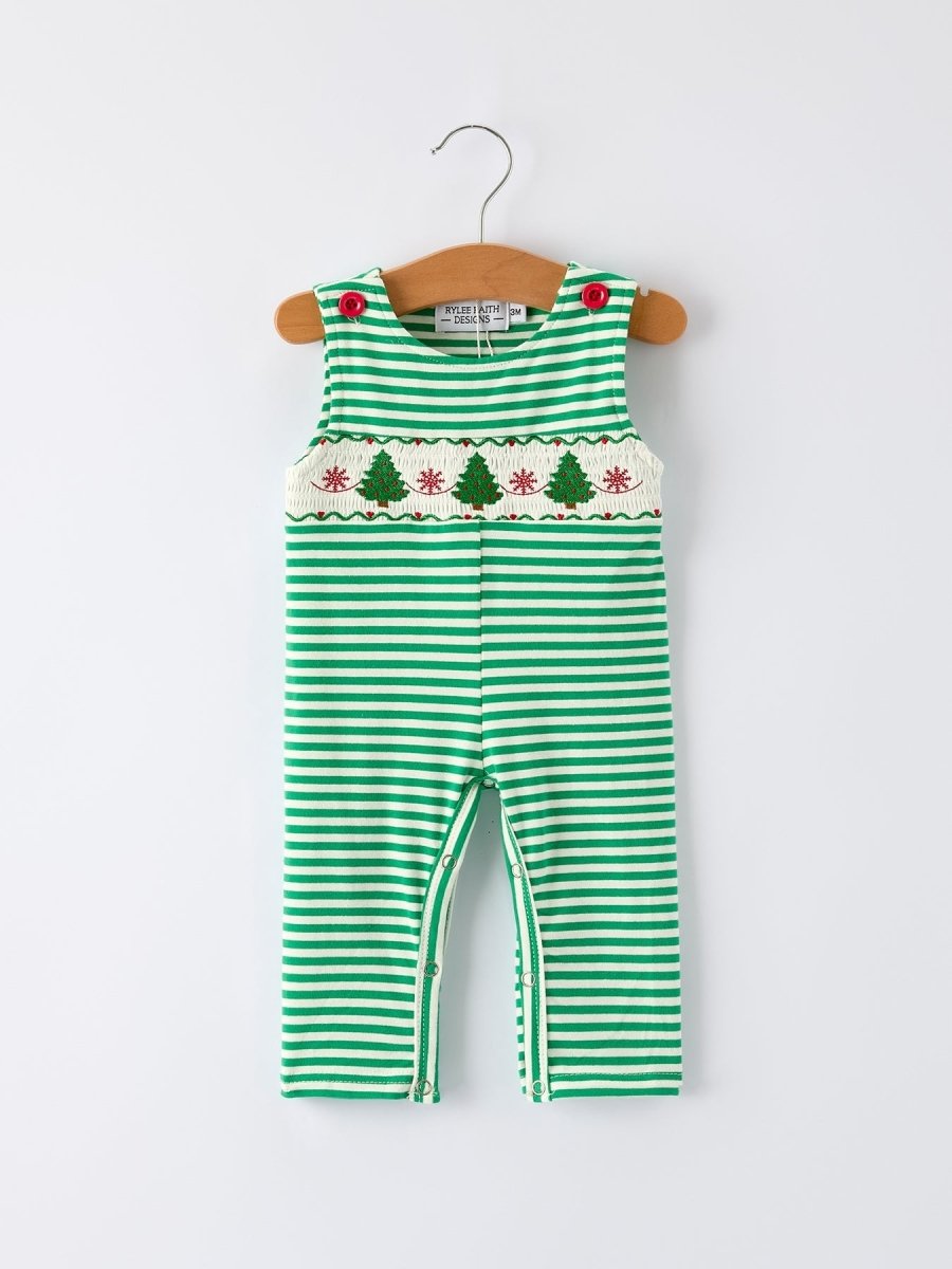 Rylee Faith Designs Smocked Christmas Tree Green Stripe Baby Boy Romper - Everetts Place Boutique - 