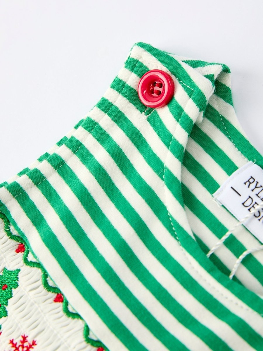 Rylee Faith Designs Smocked Christmas Tree Green Stripe Baby Boy Romper - Everetts Place Boutique - 
