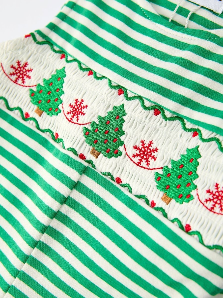 Rylee Faith Designs Smocked Christmas Tree Green Stripe Baby Boy Romper - Everetts Place Boutique - 