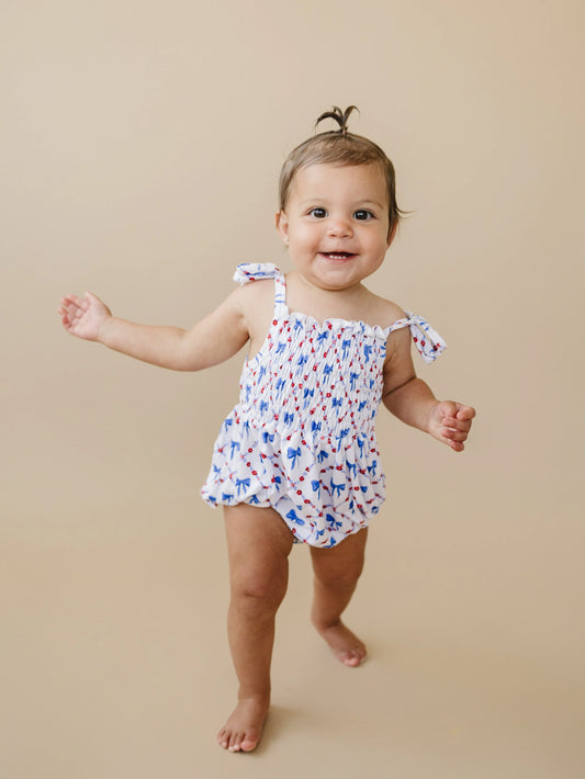 Smocked Red White And Bows Bamboo Bubble Romper For Baby Little Joy Co. Everetts Place: Online Boutique
