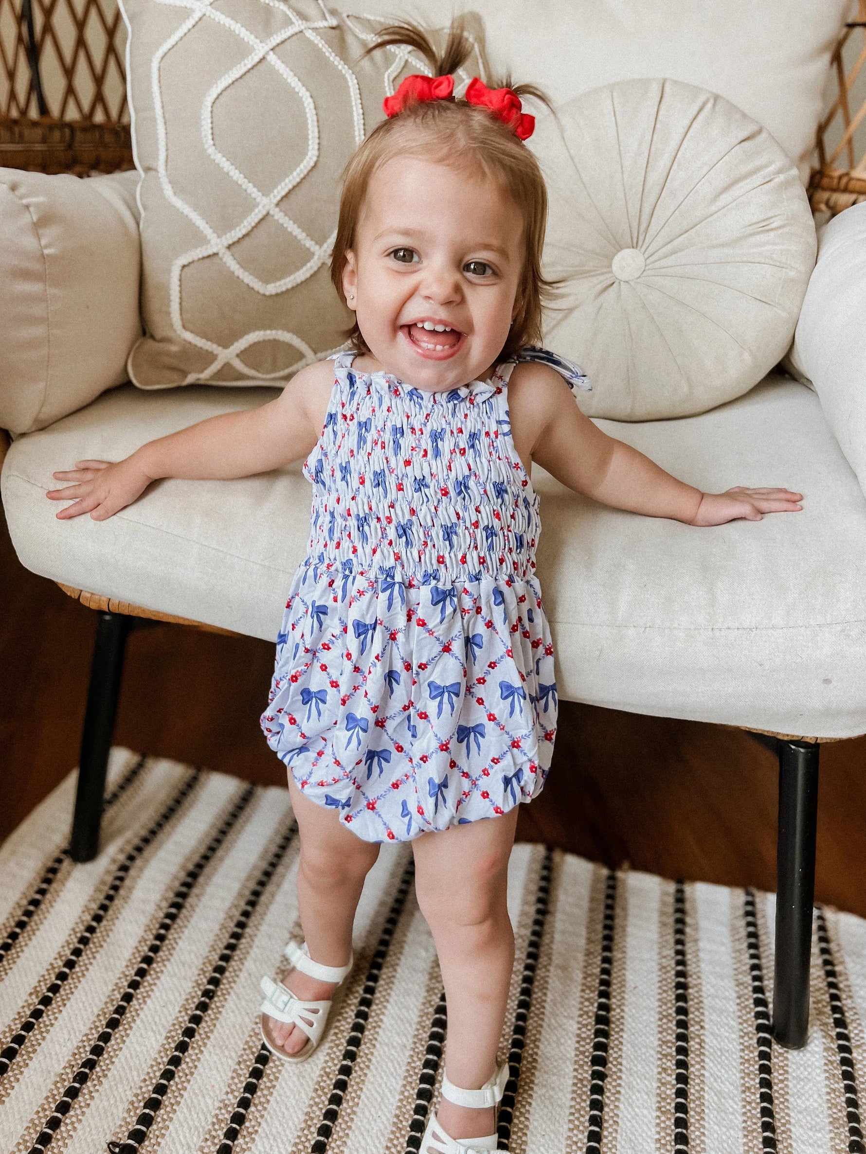 Little Joy Co. Smocked Red White And Bows Bamboo Bubble Romper For Baby - Apparel & Accessories > Clothing > Baby & Toddler Clothing > Baby & Toddler Outfits clothes