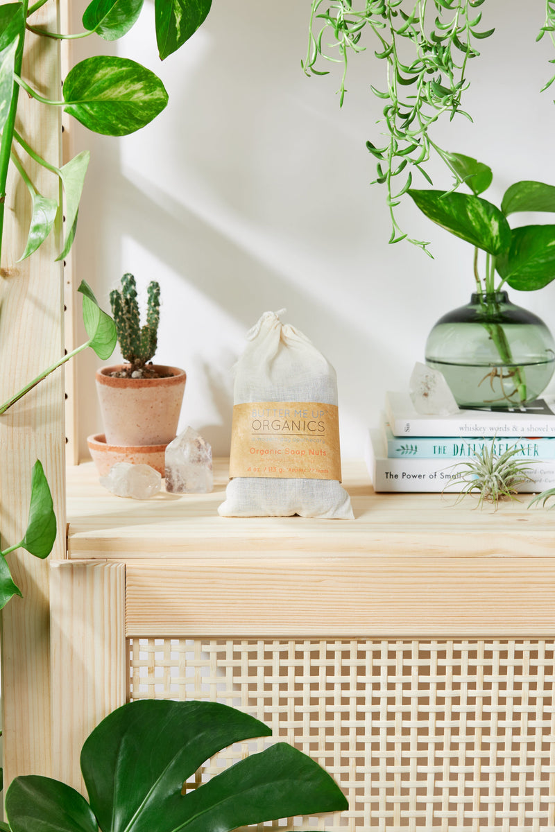 Organic soap nuts in cotton bag on wooden shelf with plants.