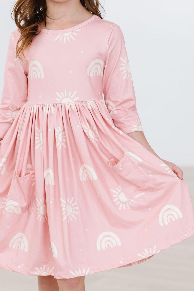Mila & Rose ® Soft Pink Suns Twirl Dress With Three Quarter Sleeve Pocket - Everetts Place Boutique - 